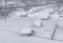 WATCH: Cars frozen in floodwaters after East Coast snow storm
