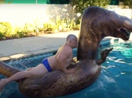 Here is some video of Jack Black trying to jump onto a pool raft