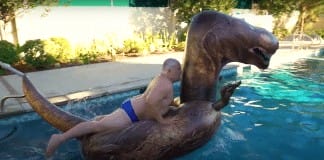 Here is some video of Jack Black trying to jump onto a pool raft