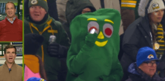 Gumby drinks beer through his eye at Lambeau Field
