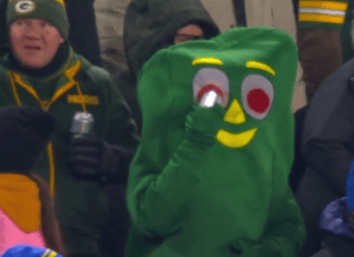 Gumby drinks beer through his eye at Lambeau Field